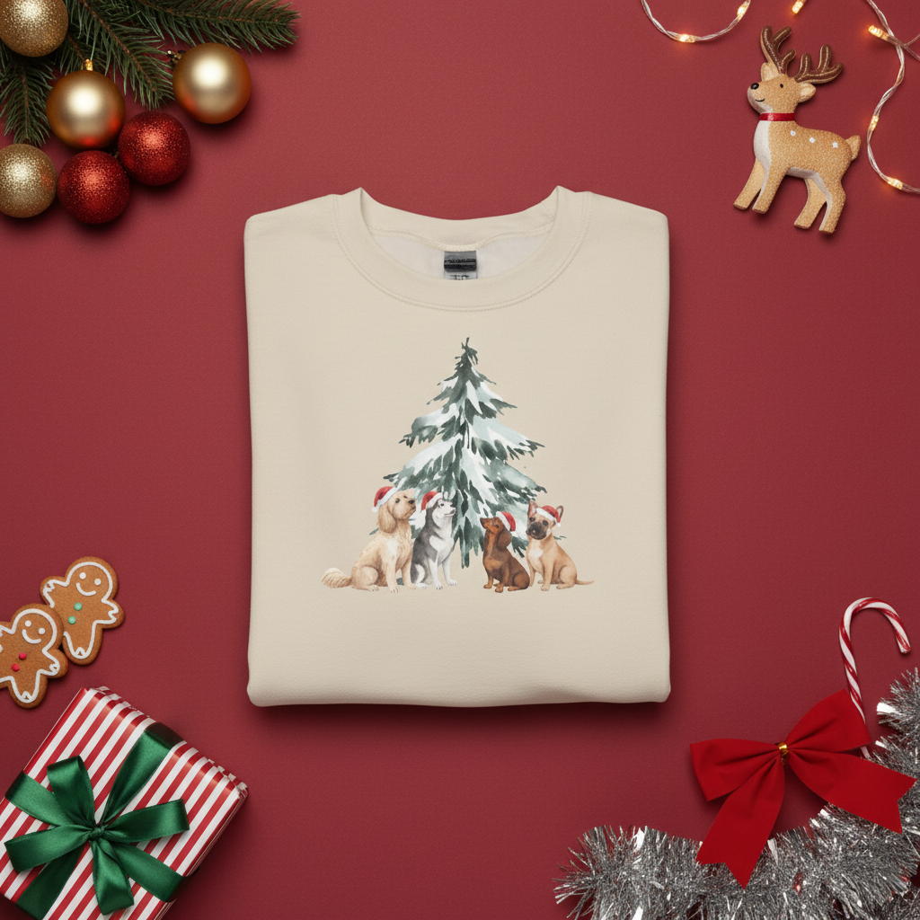 Dogs with Christmas Tree Watercolor | Sweatshirt