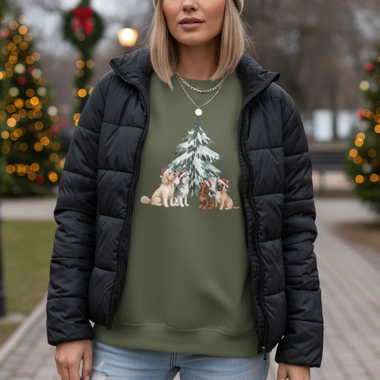 Dogs with Christmas Tree Watercolor | Sweatshirt